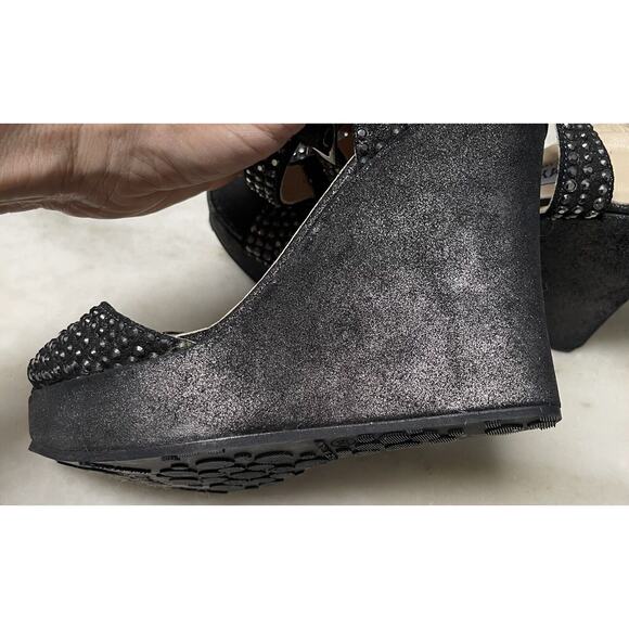 Jimmy Choo Gun Metallic Pable Crystal Hematite studs wedge sandal Heels Ankle 39 - Picture 15 of 16